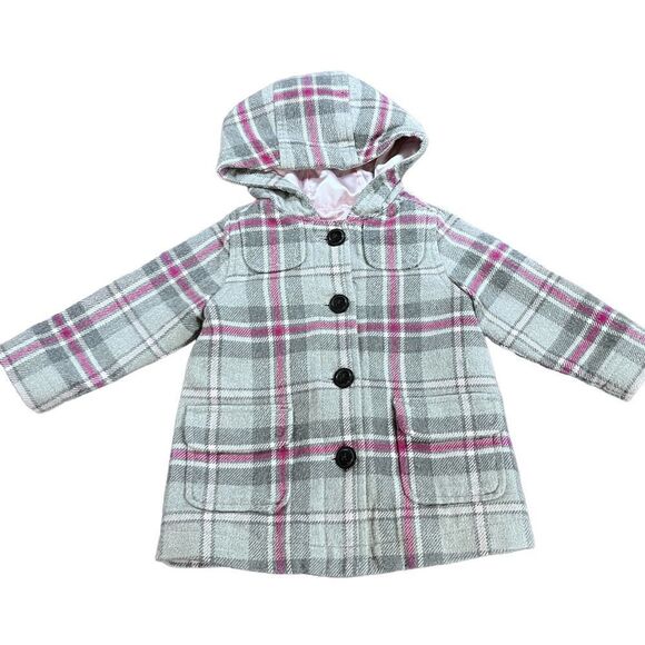 Old Navy Grey and Pink Plaid Pea Coat- 12-18mon - Picture 1 of 11